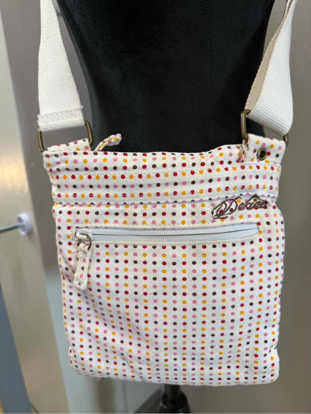 Dakine Y2K Jo Jo Canvas Crossbody Bag Purse White Polka Dot Adjustable Top Zip
